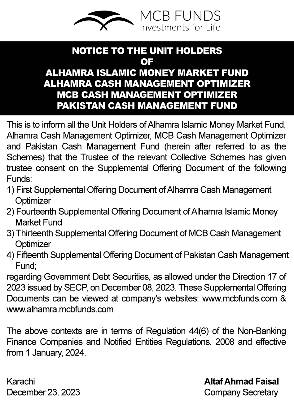 Notice to the Unit Holders MCB FUNDS