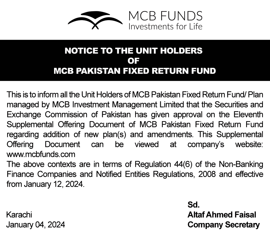 NOTICE TO THE UNIT HOLDERS MCB FUNDS